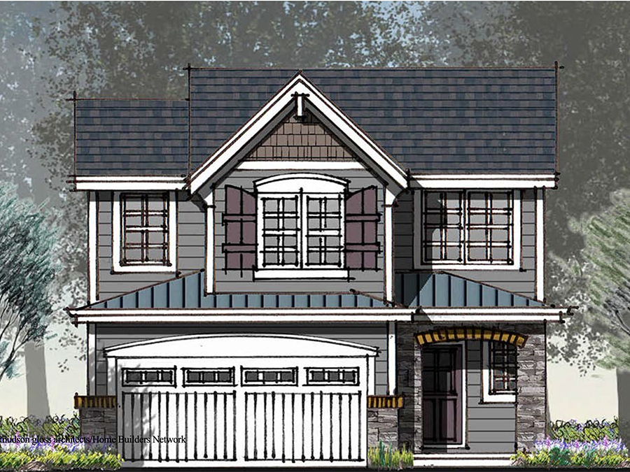 Preliminary Marketing Image for The Katherine floor plan - an artistic two-story home with charming front parch and shuttered window